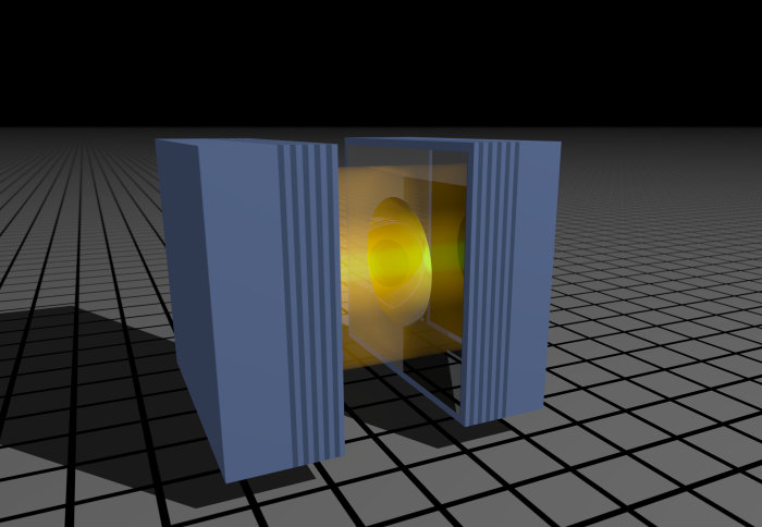 Two blue rectangle blocks with a gold cylinder between with a beam of light