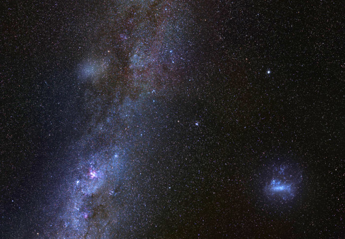 View of the Milky Way Galaxy, with the Large Magellanic Cloud bottom-right and the Antilla 2 galaxy top-left