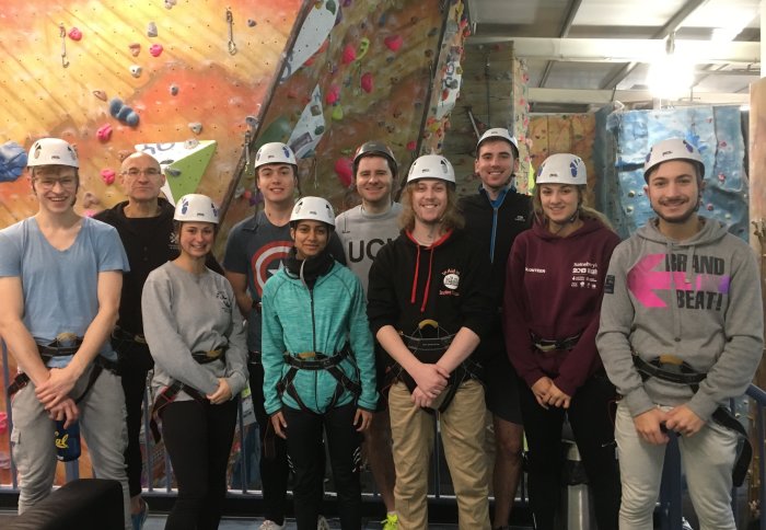 Students and Professor Chris Cheeseman at the climbing wall