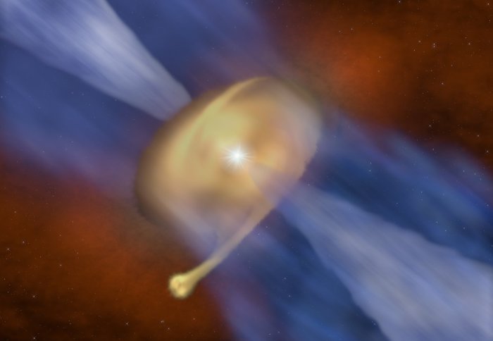 Illustration of a star surrounded by a yellow dust disc with a dusty ball coming off it