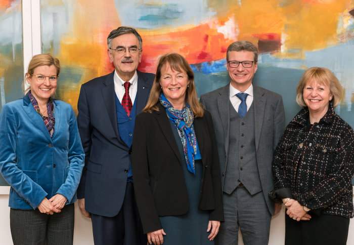 Professor Juliane Winkelmann, President Wolfgang Herrmann, President Alice Gast, Minister Bernd Sibler and Vice President (International) Maggie Dallman in Munich