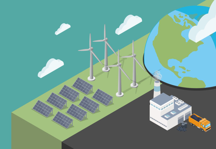 graphic showing a globe, clouds, coal factory, wind turbines and solar panels