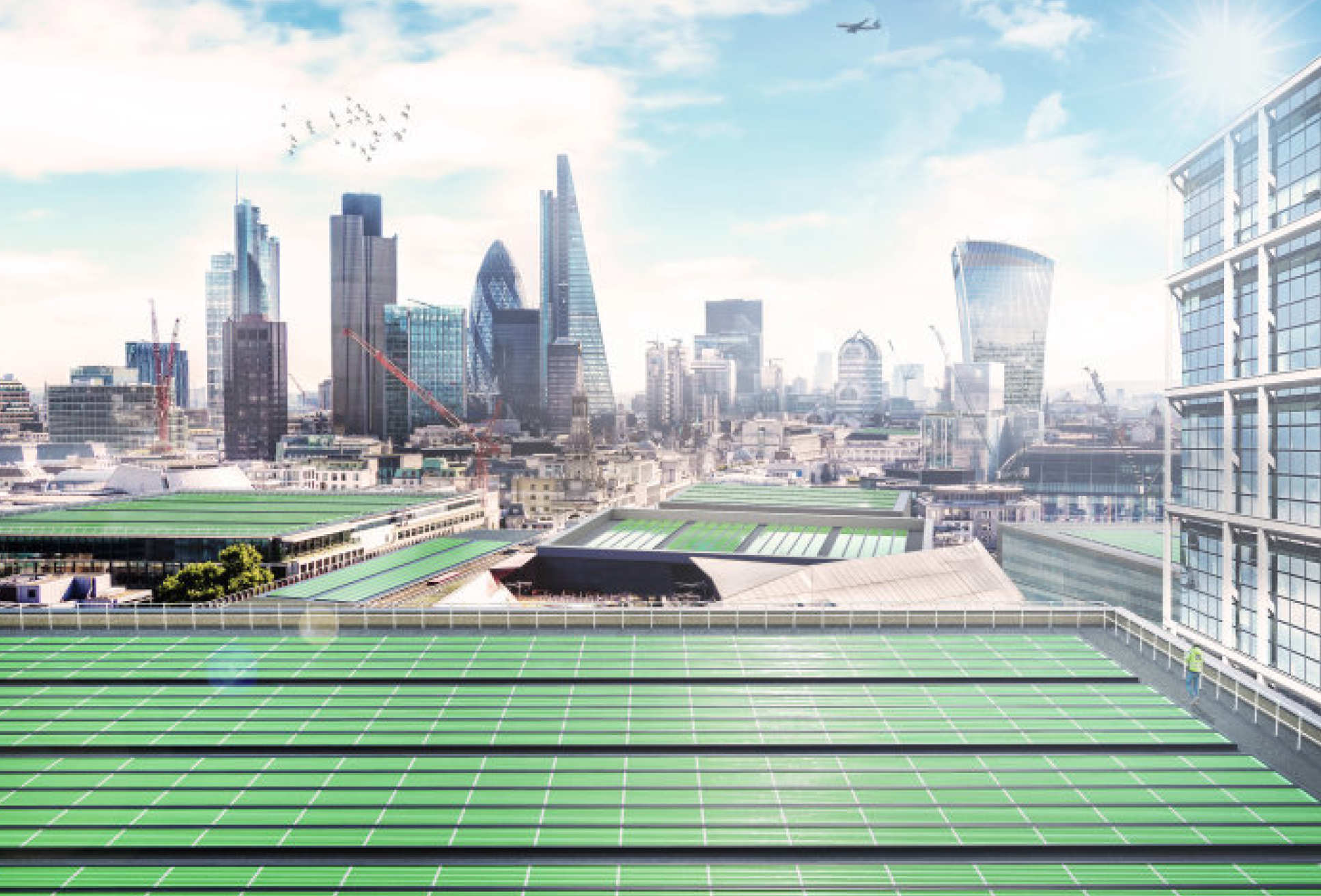 Artist's mockup of green bioleaf solar panels on top of a building in white city.