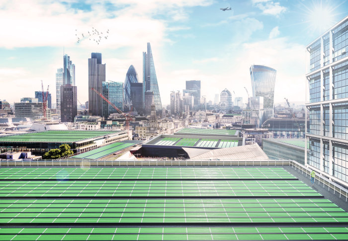 Artist impression of Arborea panels on London roofs
