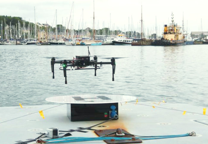 Wireless Powered drone landing on unmanned vessel Halcyon.