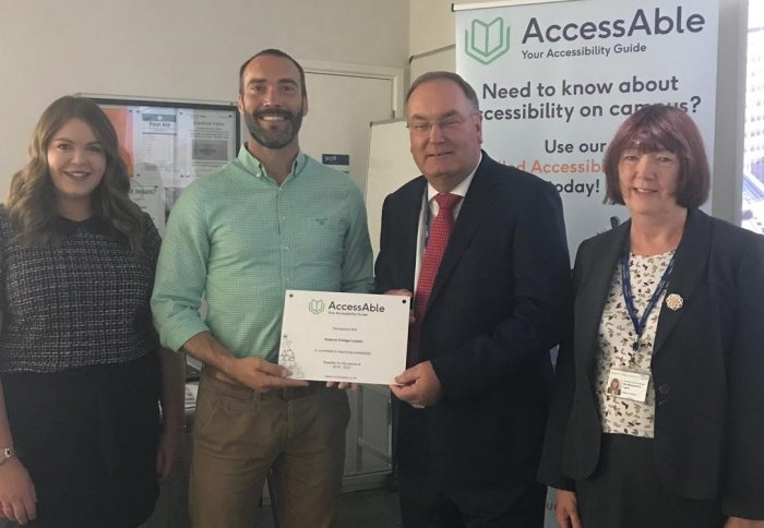 Amy & David from AccessAble with Nick Roalfe and Maggie Taylor from Estates Operations and a new plaque to mark our commitment to the scheme