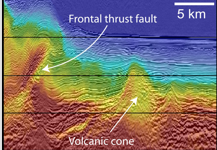 Ultrasound images of the subduction zone after 2D waveform inversion was used, showing the zone in much finer detail.