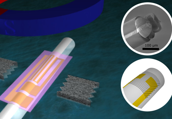 Floating magnetic microrobots for fiber functionalization