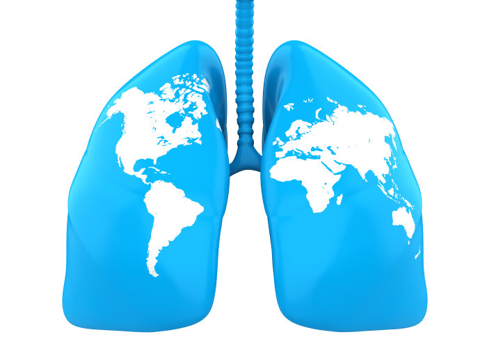 Illustration of blue lungs with white world map