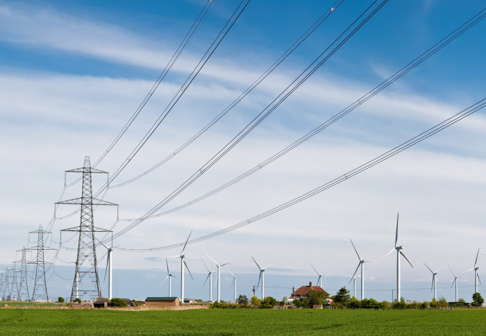 Wind turbines and electricity pylons