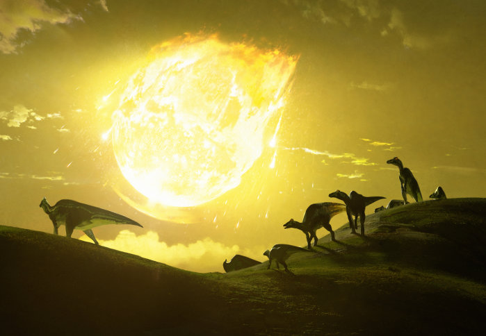 Original artwork depicting the moment the asteroid struck in present-day Mexico. Shown are the asteroid in the background and silhouetted dinosaurs in the foreground.
