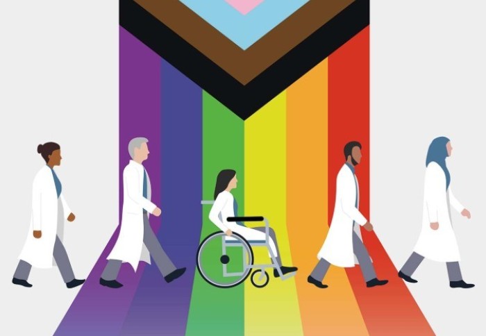 People wearing labcoats and walking single file on a rainbow backdrop
