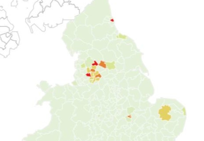 Map of middle of UK with some areas highlighted