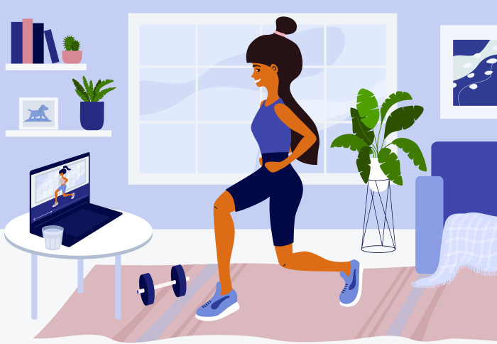 Cartoon of a woman doing online exercise