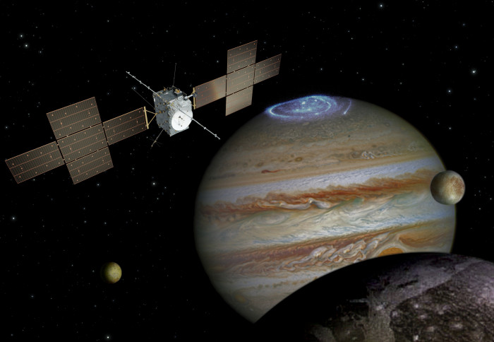 An illustration of the JUICE spacecraft in orbit around Jupiter