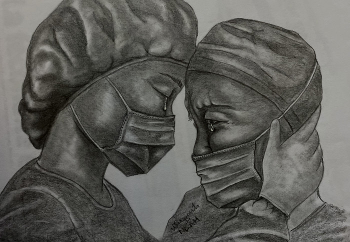 Drawing of two medical professionals crying
