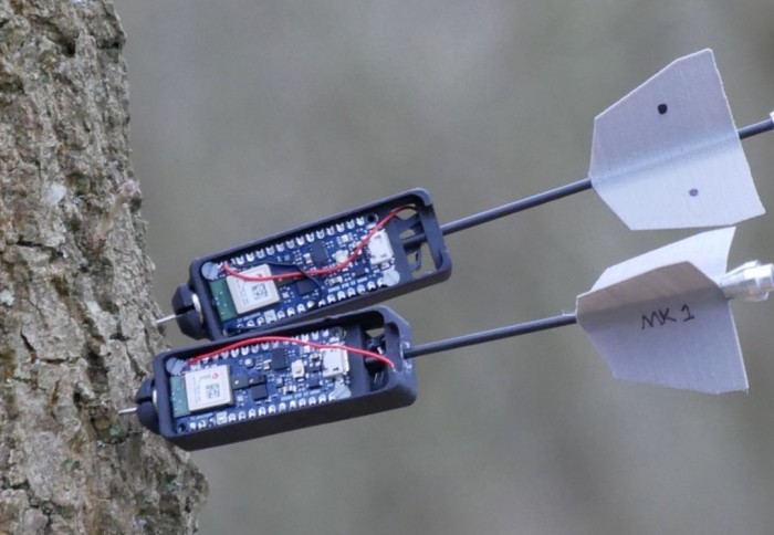 Dart attached to tree trunk with sensor.