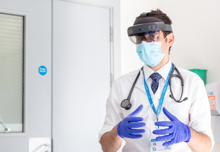 Dr Louis Koiza wears the HoloLens on site at St Mary’s Hospital