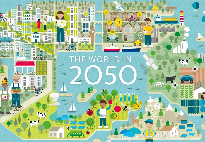 An illustration of green cities with the central caption 'The World in 2050'