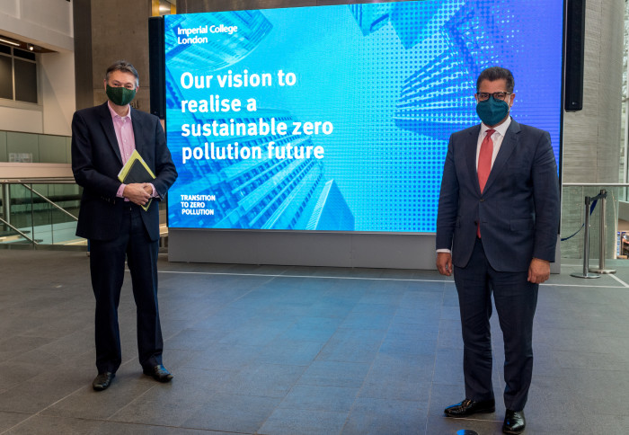 Professor Nigel Brandon and Business Secretary Alok Sharma MP stand in front of screen on zero pollution