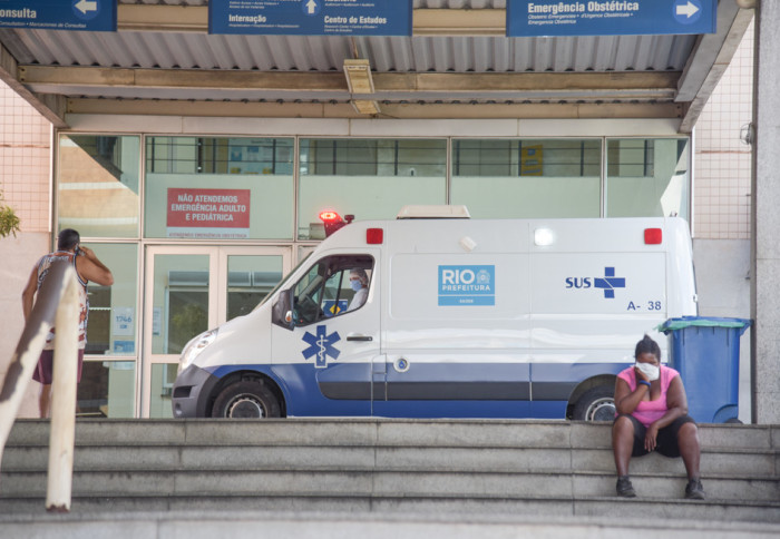 An ambulance waiting outside a hospital in Rio de Janeiro