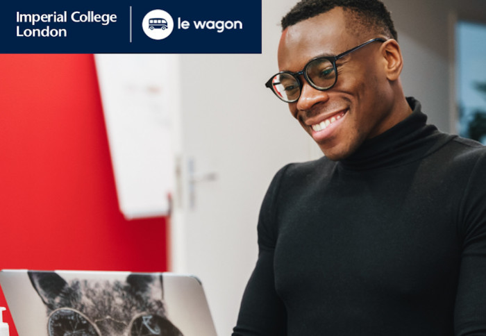 A student working on his laptop under the logos of Imperial College London and our partner Le Wagon.