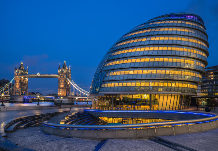 City Hall and Tower Bridge at night