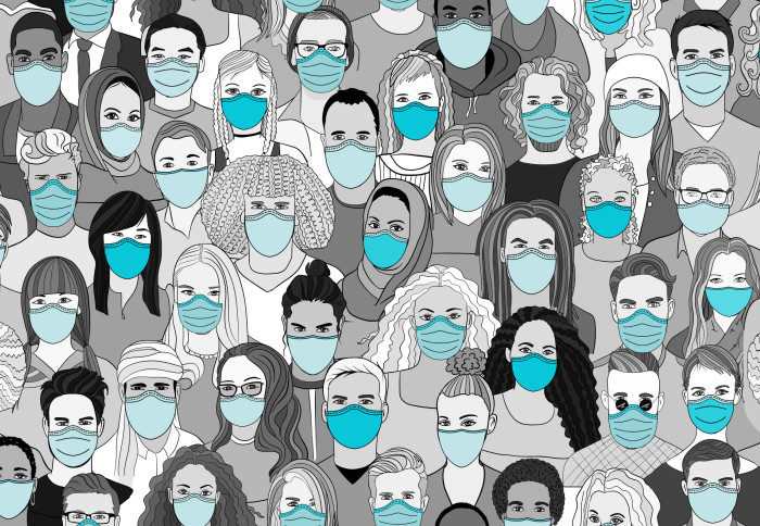 Illustration of a crowd of people wearing face masks