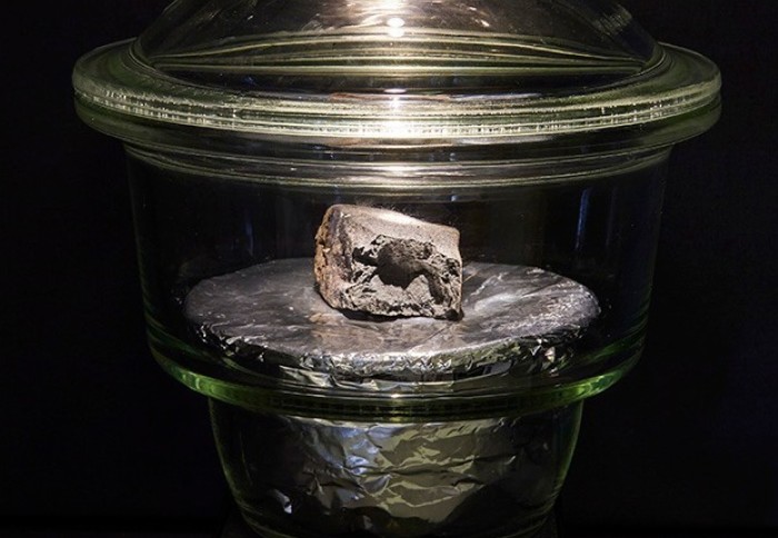 Photo of the rock in a protective case. The rock is dark.