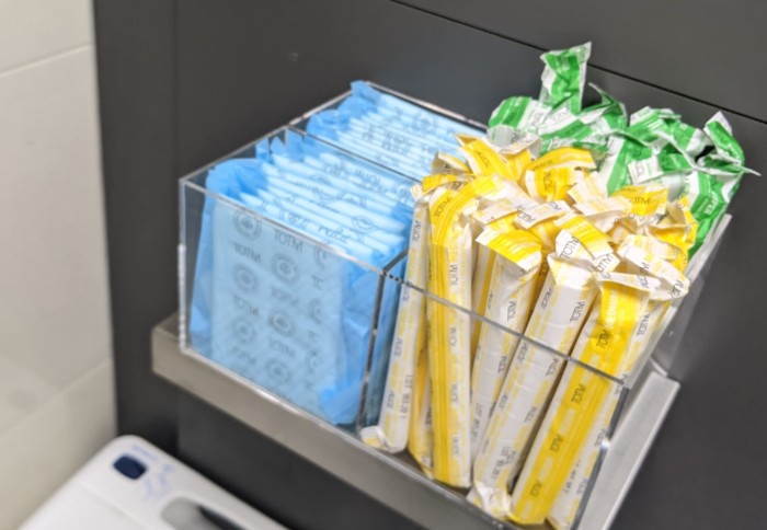 Free period items placed in a bathroom at the Charing Cross campus