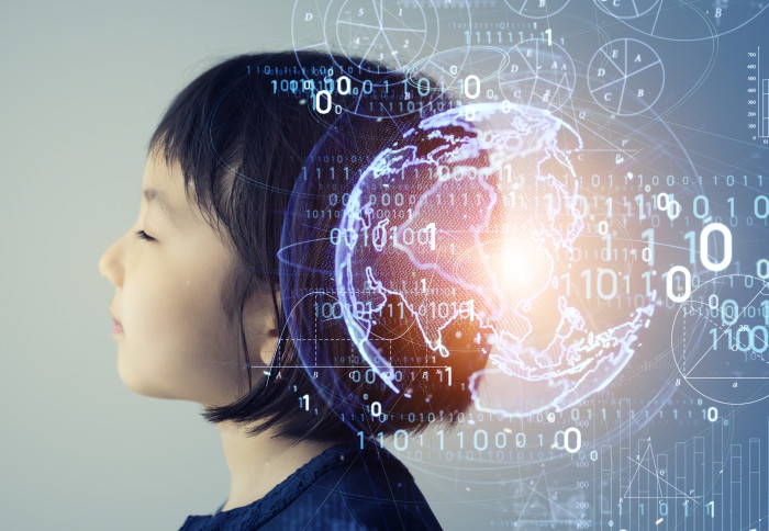 Rendered image of female child with tech-looking stuff superimposed over her head.