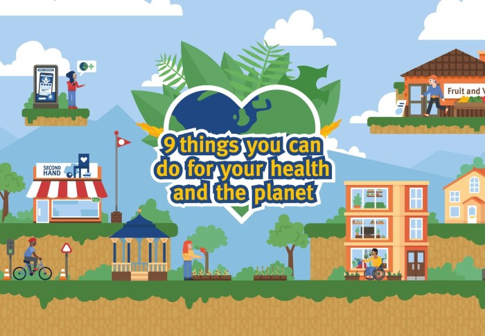 9 things you can do for your health and the planet logo and scene depicting the key actions