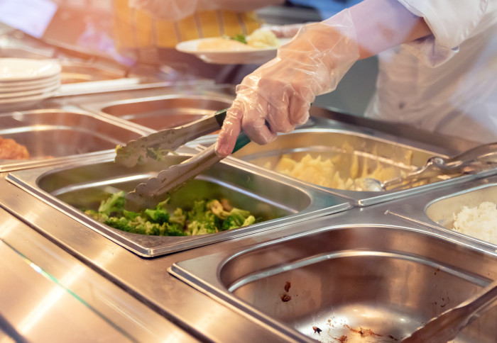 A full lunch service station with assortment of food in trays.