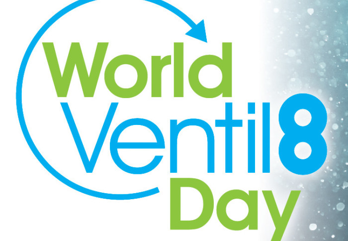 Poster for world ventilate day featuring the logo and water droplets in the background. The text reads "world ventilate day, improving ventilation for a healthier world" along with the website address
