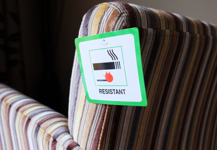 Fire retardant label on armchair