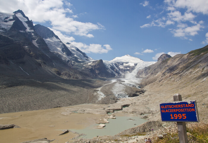 A sign marking the position of a glacier in 1995, with the glacier way in the background