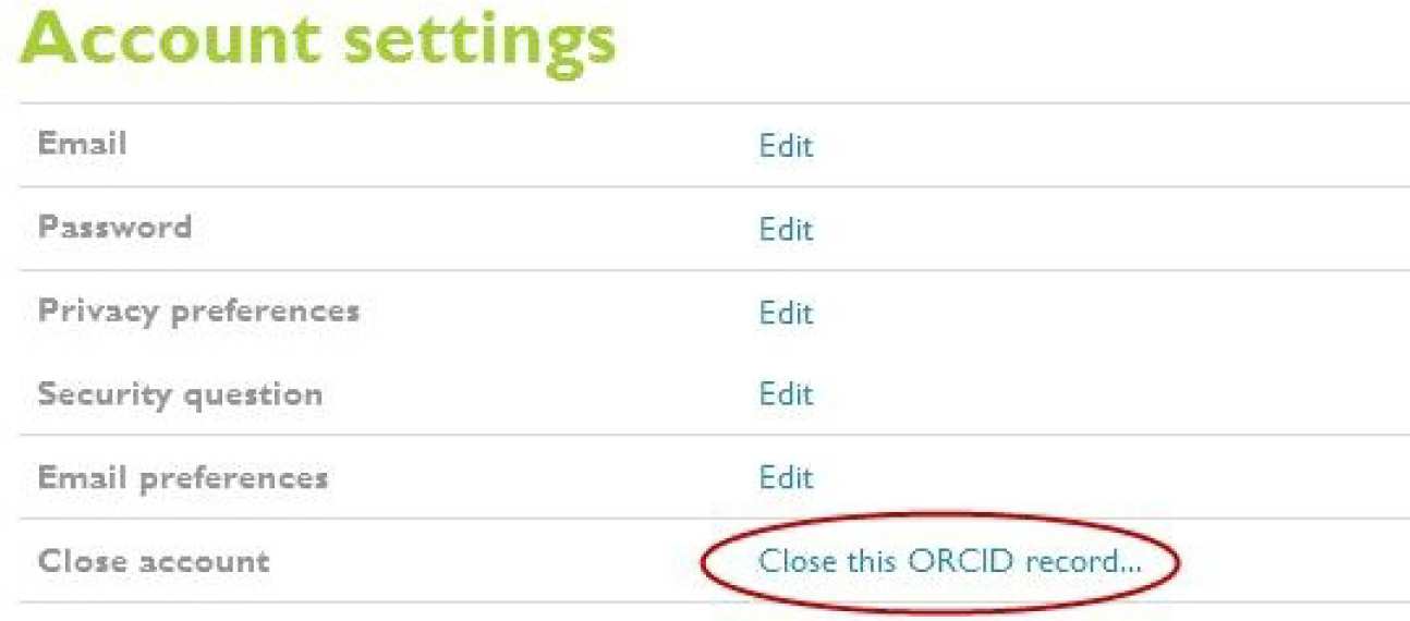 ORCID screen image showing Account settings