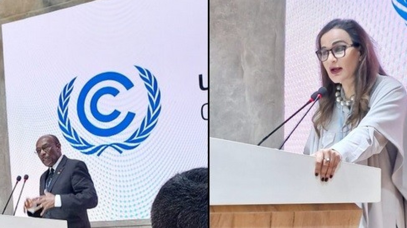 Two photos of ministers speaking from a podium