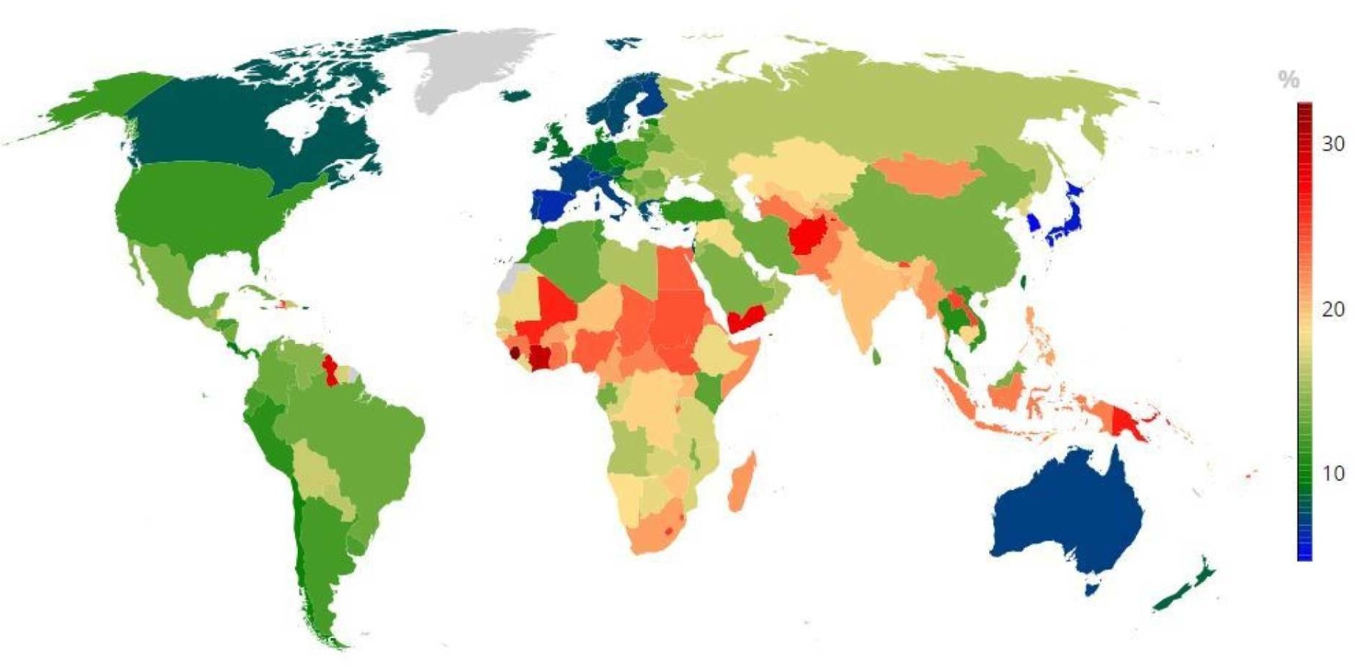 World map showing the probability of dying early from chronic disease between 30 and 70 years of age