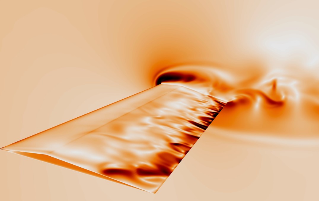 Image of shear forces acting on the airfoil and the wind tunnel walls. The unsteady nature of the flow is apparent. 