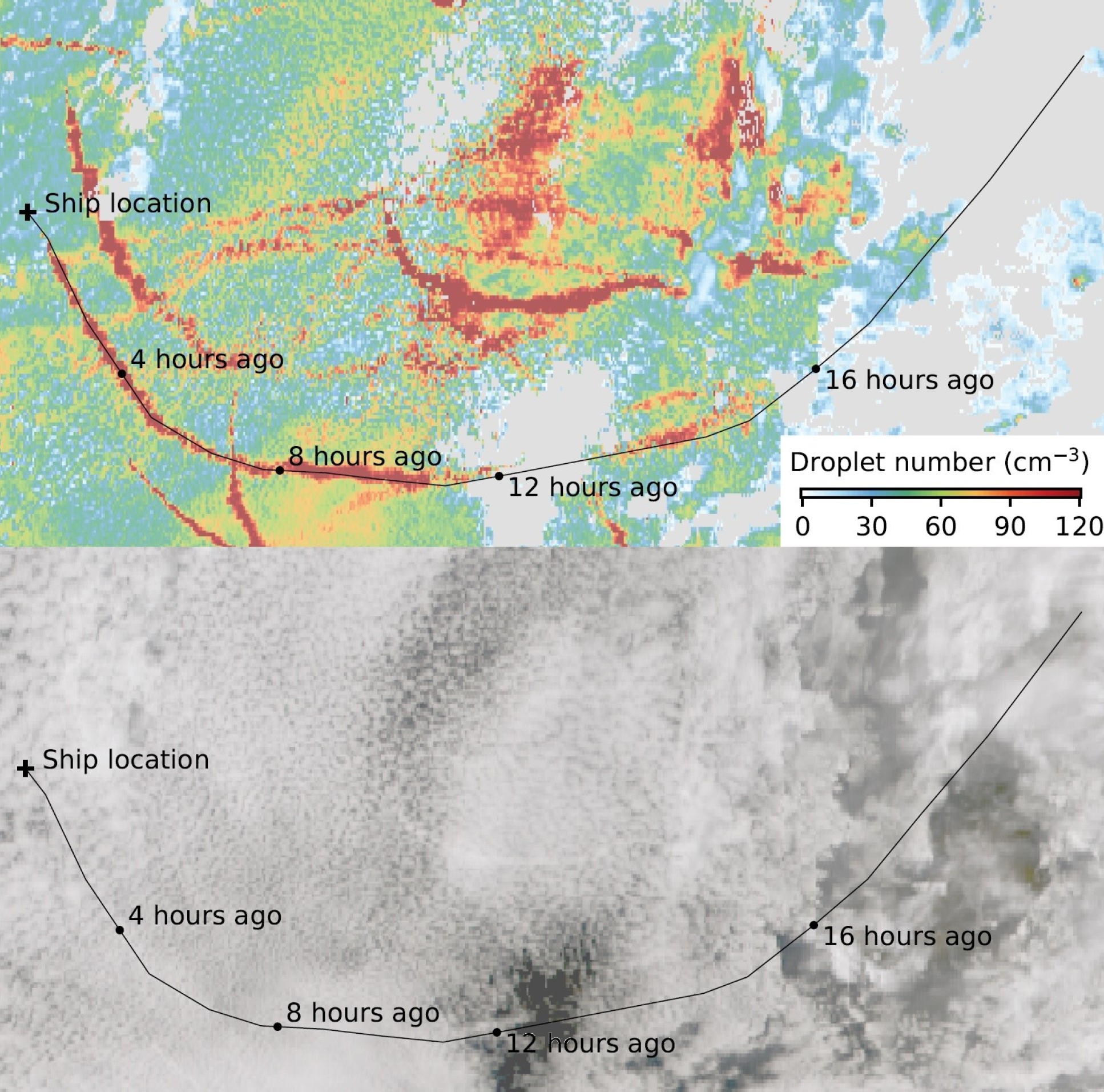 False-colour image (top) and black-and-white photo (bottom) of an area of cloud with ship tracks. The route of one ship is shown