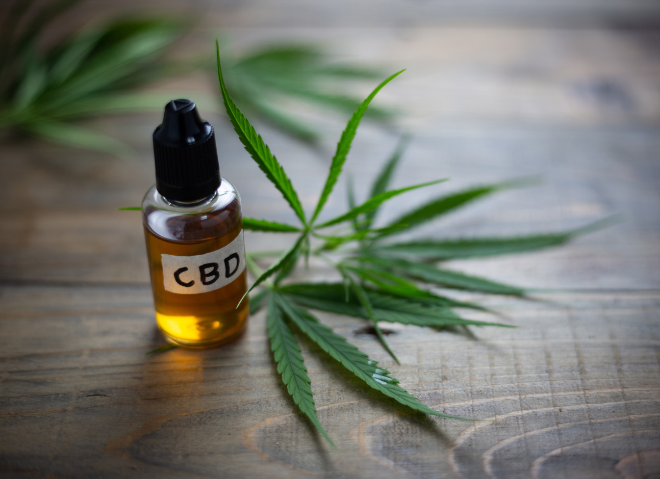 Small jar of oil marked 'CBD' next to cannabis leaf