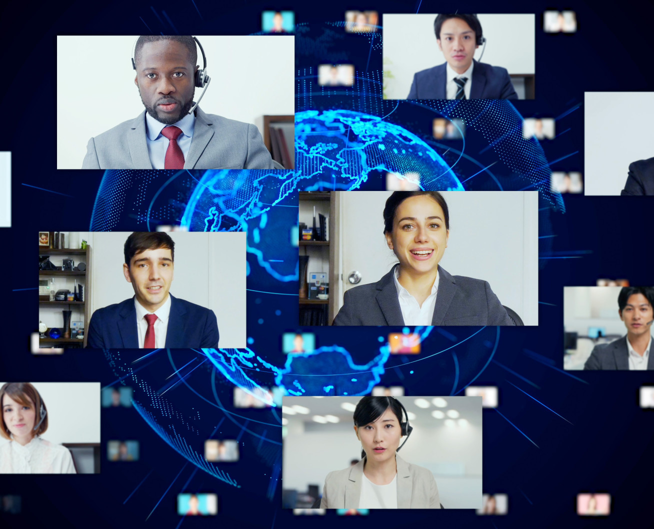 Video meeting depicting many different faces on a screen