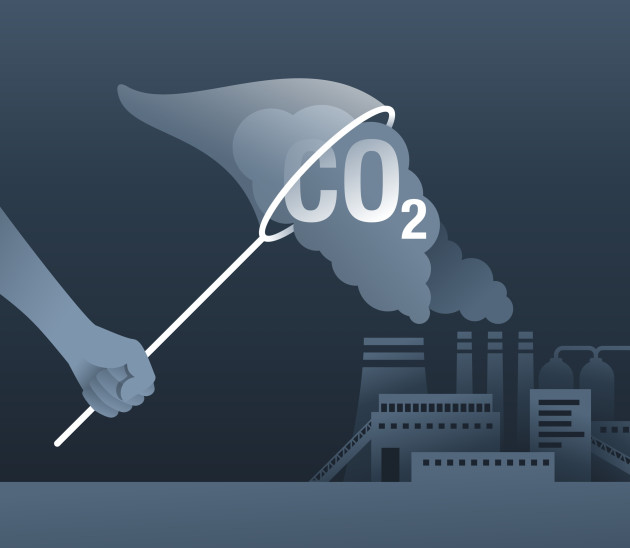Illustration showing a net capturing carbon from a power plant