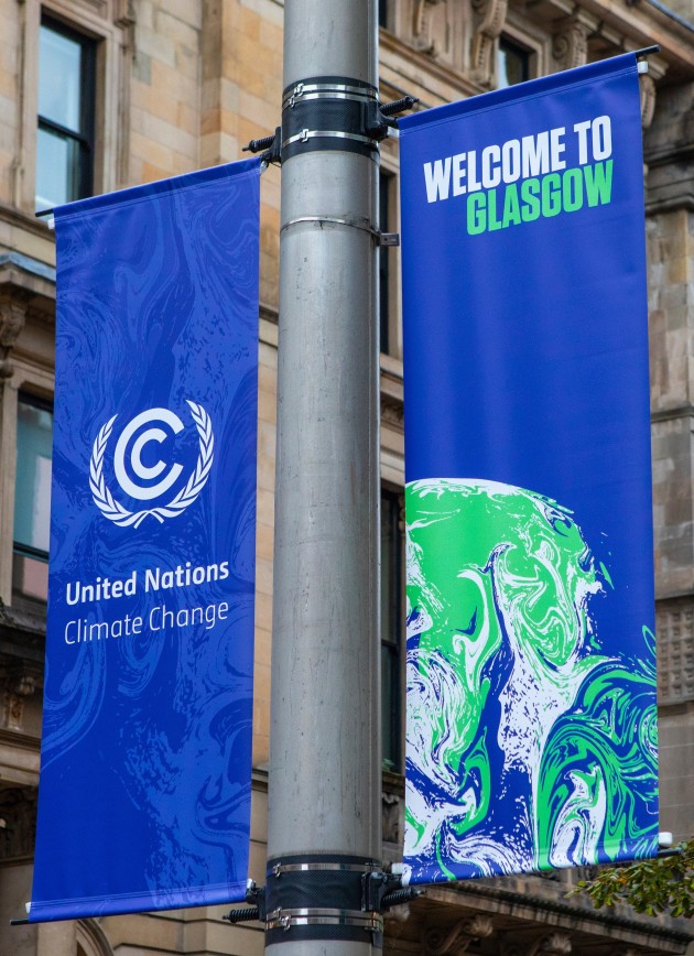 A sign welcoming visitors to the city of Glasgow in Scotland, coinciding with the UN Climate Change Conference - COP26.