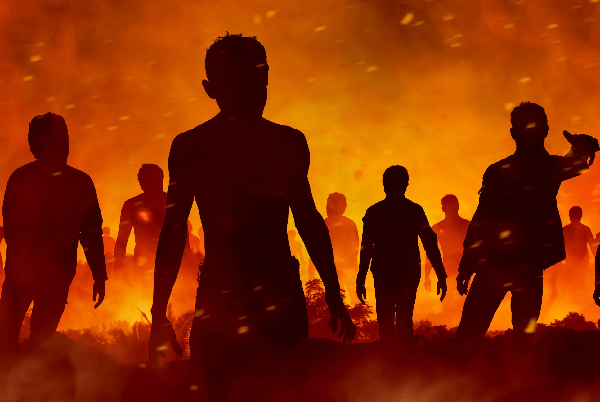 Zombies in silhouette against a firey backdrop 