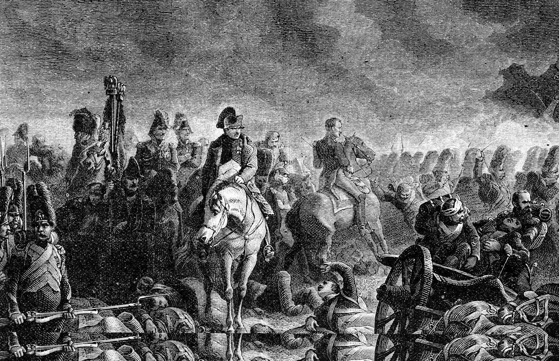 Engraving of soldiers gathering under a cloudy sky