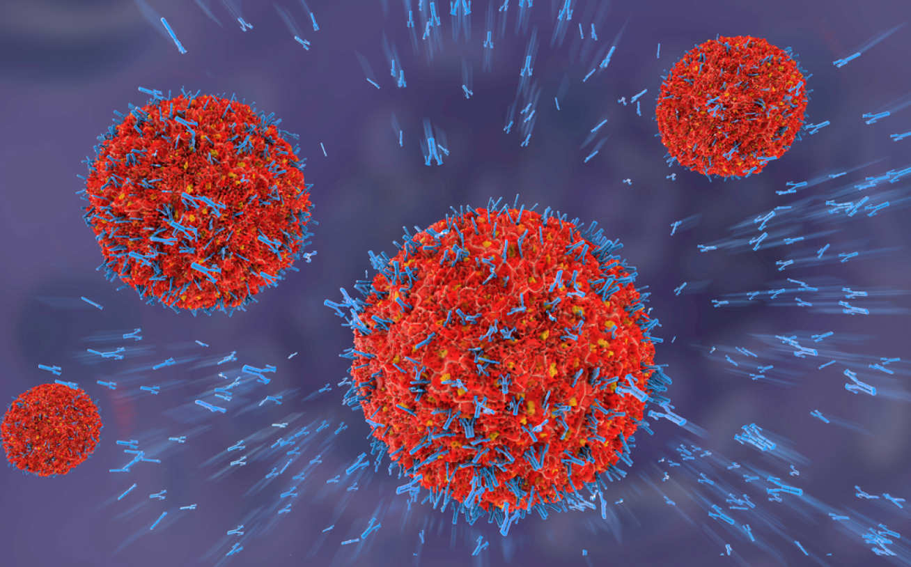 Concept image of antibodies rushing towards a virus