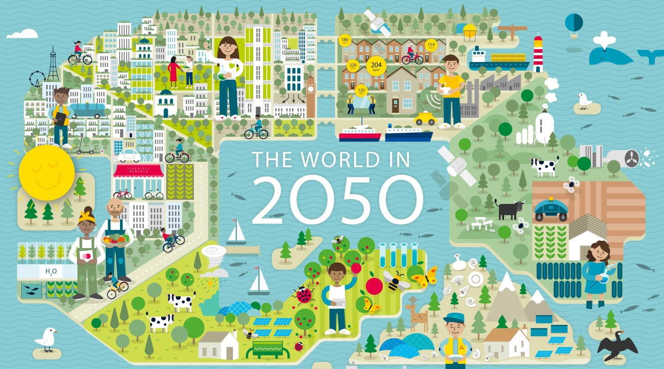 An illustration of green cities with the central caption 'The World in 2050'