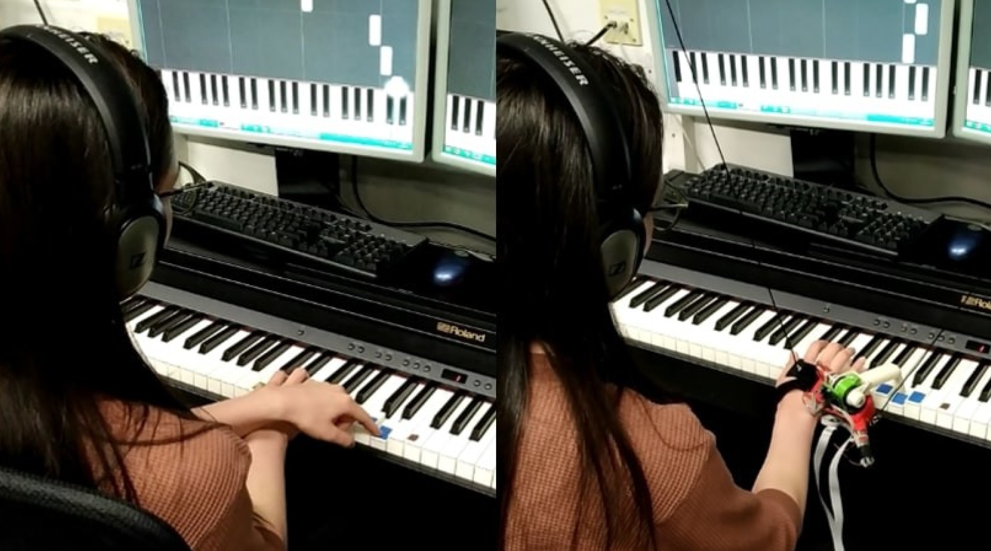 A volunteer learns how to use a robotic thumb to play the piano